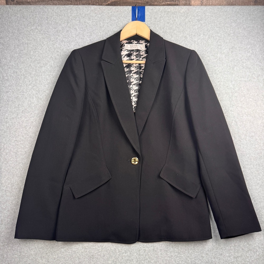 Tahari ASL Blazer‎ Womens 10 Black Single Button Houndstooth Lining Professional